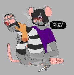 anthro blush cigarette clothing crowdud3 feet femboy foot_fetish foot_focus footwear genitals hi_res humanoid_genitalia male mammal murid murine pawpads rat rodent socks solo stirrup_socks text