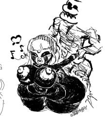 1boy1girl ahe_gao artist_logo artist_name ass big_ass big_breasts big_nipples black_and_white breasts dark-skinned_female dark_skin disguise fat_ass fat_breasts fnaf hourglass_figure huge_ass huge_breasts long_hair mask massive_ass monochrome muscular muscular_male nightguard puffy_nipples puppet_(fnaf) small_waist thick_thighs thighs thin_waist wide_hips zommbay