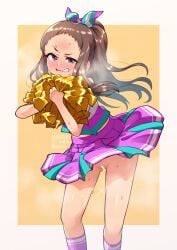 artist_name bar_censor biting_own_lip blush border brown_hair censored cheerleader commentary_request dated feet_out_of_frame female forehead gojarun highres holding holding_pom_poms idolmaster idolmaster_cinderella_girls koseki_reina long_hair looking_at_viewer midriff miniskirt no_panties nose_blush outside_border pom_pom_(cheerleading) ponytail purple_skirt purple_socks pussy_juice simple_background skirt socks solo steaming_body sweat twitter_username two-tone_skirt upskirt very_long_hair white_border yellow_background