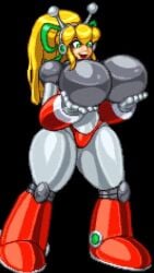 antennae armor armored_boots armored_gloves arms_up artist_request bikini_armor blonde_hair blue_eyes boots breasts grabbing_own_breast green_ribbons hair_ribbon hairband headphones huge_breasts hyper_roll_(marvel_vs._capcom) joints knee_boots large_breasts long_hair looking_at_viewer lowres marvel_vs._capcom mechanical_arms mechanical_boots mechanical_legs mega_man_(classic) mega_man_(series) pixel_art ponytail radio_antenna red_armor ribbon robot robot_girl robot_joints roll_(mega_man) shoulder_armor sidelocks smile tc55