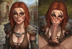 1boy 1girls 2d aela_the_huntress ai_generated armor athletic_female before_and_after before_oral blowjob blowjob_face civitai cleavage clothed_female clothed_sex cum cum_in_mouth fellatio nord oral red_hair skyrim the_elder_scrolls the_elder_scrolls_v:_skyrim