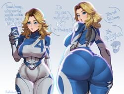 1boy 1boy1girl 1girls 2d 2d_(artwork) absurdres aestheticc-meme ass ass_focus ass_grab big_ass big_breasts big_butt blonde_hair blue_bodysuit blue_eyes bodysuit breasts bubble_ass bubble_butt caked_up canon_couple cheesecake couple_(romantic) curvy curvy_female curvy_figure dat_ass english_commentary english_text facial_hair fantastic_four female from_behind gloves grey_background highres huge_ass huge_breasts huge_butt husband_and_wife invisible_woman invisible_woman_(marvel_rivals) large_ass large_breasts large_butt looking_at_viewer looking_back married_couple marvel marvel_rivals mr_fantastic mr_fantastic_(marvel_rivals) offscreen_character offscreen_male pantylines pawg reed_richards say_that_again short_hair sue_richards sue_storm superhero_costume text thick thick_ass thick_thighs thighs two-tone_bodysuit voluptuous voluptuous_female white_bodysuit wide_hips