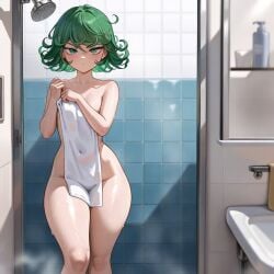 front_view green_hair naked one-punch_man tatsumaki thick_thighs towel_only