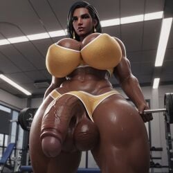 1futa 1futanari abs ai_generated big_balls big_breasts bra brown_hair dark-skinned_futanari dark_hair dark_skin futa_only futanari glossy golden_bikini hi_res high_resolution highres huge_balls huge_breasts huge_cock looking_at_viewer muscles muscular muscular_arms muscular_futanari muscular_thighs overwatch overwatch_2 panties pharah wet wet_body