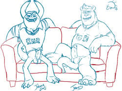 2boys abs balls biceps big_penis claws clothes college cum disney erection exawolf fangs fur gay hair half_nude horns inviting_to_sex johnny_worthington_iii looking_at_viewer male male_only medium_penis monster monsters_inc monsters_university muscles naughty_face penis penis_size_difference pixar pose presenting_penis sex smile sofa spread_legs sulley tail toe_claws yaoi