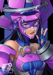 black_hair cum cum_on_body cum_on_headwear detached_sleeves facial female fingerless_gloves galacta gloves helmet highres lips long_hair marvel marvel_rivals purple_eyes purple_helmet razillon strapless