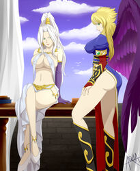 aquawaters ass big_breasts breasts breath_of_fire clothing crossover erect_nipples erect_nipples_under_clothes jeane large_breasts legs nina_(breath_of_fire_ii) suikoden wings