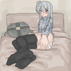 100_percent_orange_juice 1girl ahoge annoyed ass black_thigh_highs black_thighhighs blush brown_eyes feet female grey_hoodie hoodie hzshemy looking_at_viewer lying on_bed orange_juice_(company) panties pillow silver_hair solo suguri_(character) thigh_highs thighhighs white_panties