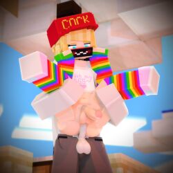 3d anal anal_sex balls baseball_cap blonde_hair blue_eyes femboy gay gay_pride gay_pride_colors hat iamcringe mine-imator minecraft penis rainbow_clothing rainbow_thigh_highs thighhighs yaoi