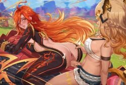 2girls anus ass biker_clothes bikesuit black_bikesuit blonde_hair bodysuit breasts dark-skinned_female dark_skin exlic futa_with_female futanari genshin_impact large_breasts mavuika_(genshin_impact) multicolored_hair multiple_girls orange_hair penis pussy riding sex speed_lines two-tone_hair unzipped vaginal_penetration xilonen_(genshin_impact)