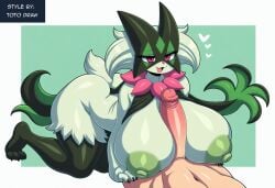 absurd_res ai_generated anthro areola big_breasts big_penis blush bodily_fluids breast_play breasts claws duo erection felid female fur generation_9_pokemon genital_fluids genitals green_body hand_on_breast heart hellsonger hi_res huge_breasts human human_on_anthro humanoid_genitalia humanoid_penis interspecies lying male male/female mammal meowscarada nintendo nipples nude penis pokemon pokemon_(species) precum sex simple_background smile