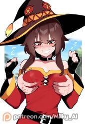 1boy 1girls ai_generated brown_hair embarrassed flat_chest grabbing grabbing_another's_breast grabbing_breasts grabbing_from_behind hi_res kono_subarashii_sekai_ni_shukufuku_wo! konosuba megumin milky_ai outside portrait public short_hair surprised thin_female witch_costume witch_hat