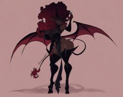 1girls afro_ponytail bare_shoulders bat_wings big_hair black_dress black_footwear black_horns black_lips castlevania castlevania_(netflix) castlevania_nocturne coco_the_conqueror dark_skin detached_sleeves doodlenoodlecj dress drolta_tzuentes drolta_tzuentes_(cosplay) female_only fishnets full_body hair_pulled_back horns huge_ass huge_breasts long_nails membranous_wings night_creatures pelvic_curtain pointy_ears pointy_nails red_eyes red_hair red_hands red_sclera simple_background solo standing tail thick_thighs