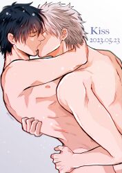 2boys arm_around_neck black_hair closed_eyes completely_nude embrace gay gintama gintoki_sakata hijikata_toshiro hinowax hug implied_sex intimate kissing male male_only no_visible_genitalia nude passionate toned toned_male white_hair yaoi