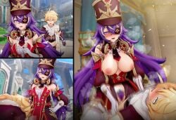 1boy 1girls actuale aether_(genshin_impact) blonde_hair blush breasts chevreuse_(genshin_impact) exhausted eyepatch female female_pubic_hair genshin_impact horny_female hoyoverse koikatsu long_hair male mihoyo pubic_hair purple_hair running sex tired uncensored