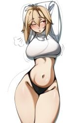 1girls arcueid_brunestud arms_above_head arms_behind_head arms_up bare_thighs big_breasts black_panties blonde_hair blush bottom_heavy breasts curvy curvy_figure deko_morii exhaling female_focus female_only hips huge_breasts large_breasts large_thighs one_eye_closed panties pantless red_eyes revealing shapely short_hair stretching suggestive_clothes thick thick_ass thick_legs thick_thighs thighs tsukihime tummy type-moon vampire_girl wide_hips