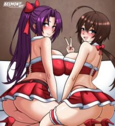 2girls ahoge belmont breast_squish brown_hair christmas christmas_outfit hair_ribbon high_heels huge_breasts kazehana large_breasts looking_at_viewer looking_back miniskirt musubi ponytail purple_hair sekirei v_sign