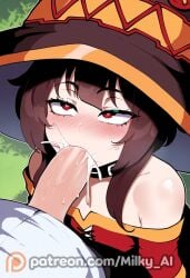 1boy 1girls ai_generated brown_hair cum cum_in_mouth cum_inside ejaculation fellatio flat_chest from_above hi_res kono_subarashii_sekai_ni_shukufuku_wo! konosuba megumin milky_ai naughty_face outside portrait public public_sex short_hair thin_female witch_costume witch_hat