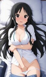 ai_generated bangs black_eyes black_hair caught_in_the_act cleavage collarbone embarrassed female female_masturbation female_only hand_over_crotch implied_masturbation k-on! kslgsnb long_hair masturbation mio_akiyama_(k-on!) on_back on_bed open_clothes open_mouth open_shirt panties panties_down pillow pixai sidelocks skirt skirt_down unbottoned_shirt underwear white_panties