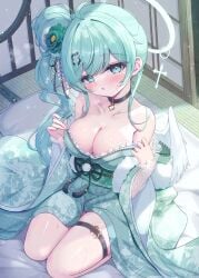 angel angel_wings blush choker cleavage clover_hair_ornament cross flower_in_hair green_eyes green_hair halo hands_up kimono kneeling large_breasts mikaze_oto naughty_face neoteny off_shoulder original original_character seductive seductive_look side_bun sunlight sweat thigh_strap