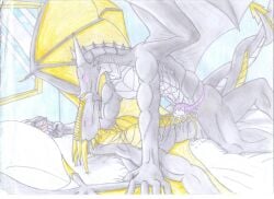 2022 47reaperz biped black_body blush bodily_fluids claws clock clothing cum dorsal_fin dorsal_frill dragon ear_fins fin frill_(anatomy) frottage genital_fluids grey_body grinding grinding_through_clothes hi_res horn kissing male multicolored_body muscular mythological_creature mythological_scalie mythology negadrake penile penis penises_touching red_eyes scalie sex spines underwear wings