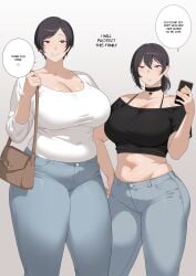 2girls [sora]_buranku asian asian_female big_breasts breasts huge_breasts jeans korean korean_female milf mother mother_and_daughter queen_of_spades soraoraora text