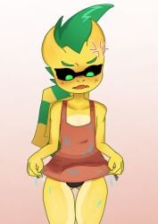 2025 ajaw_(genshin_impact) angry anthro anthrofied apron blush blushing dragon embarrassed genshin_impact green_hair hoyoverse jembbrowm male male_only mihoyo mouth_open naked_apron panties saurian_(genshin_impact) simple_background solo sunglasses tail wet wet_body wet_clothes yellow_scales