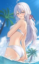 ahoge alisa_mikhailovna_kujou ass back bare_arms bare_legs bare_shoulders bare_thighs bikini blue_eyes blush breasts hair_ribbon long_hair medium_breasts open_mouth outdoors russian shiny_skin shoulder_blades smile thighs tokidoki_bosotto_russian_de_dereru_tonari_no_alya-san una_hirag wading water white_hair