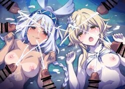 2girls 6+boys bare_shoulders bikini blonde_hair blue_hair blush body_markings braid breasts bukkake censored cum cum_on_body ejaculation erection facial feather_hair_ornament feathers flower genshin_impact group_sex hair_flower hair_ornament hairband large_breasts licking_lips light_blue_hair long_hair low_twin_braids lumine_(genshin_impact) lumine_(hot_springs)_(genshin_impact) lying marugoshi_(54burger) medium_breasts medium_hair mixed-sex_bathing mualani_(genshin_impact) mualani_(hot_springs)_(genshin_impact) multiple_boys multiple_girls navel nipples nude on_back open_mouth orgy penis ponytail red_eyes shared_bathing sidelocks smile straight surrounded_by_penises swimsuit tan tongue tongue_out twin_braids white_bikini white_hair yellow_eyes