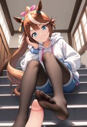 ai_generated black_pantyhose femdom foot_fetish foot_focus footwear hands_in_pockets laugh look_at_viewer looking_at_viewer pov sitting smile smiling_at_viewer stepping_on_penis taker_pov tokai_teio_(umamusume) umamusume