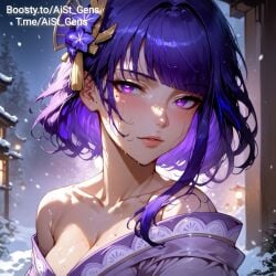 ai_generated aist_ genshin_impact looking_at_viewer purple_eyes purple_hair raiden_shogun shiny_skin short_hair snow sweat wet