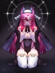 kitsune nun nun_outfit pink_hair red_eyes sexy_nun stelfiie stomach thighhighs thighs tummy