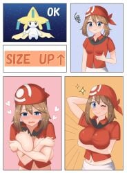 1girls absurd_res bandana big_breasts blue_eyes breast_expansion breasts brown_hair clothed comic covering_breasts creatures_(company) embarrassed game_freak generation_3_pokemon heart hi_res jirachi may_(pokemon) medium_hair nintendo no_bra noa_brando pokemon pokemon_(species) pokemon_rse small_breasts torn_clothes wish