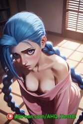 ahq_hentai ai_generated arcane arcane_jinx blue_hair blush breasts exposed_breasts jinx_(league_of_legends) league_of_legends nipples pajamas pink_eyes shy stable_diffusion