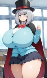 1girls ai_generated big_ass big_breasts blue_eyes breasts_bigger_than_head cape curvaceous curves curvy curvy_body curvy_female curvy_figure curvy_hips enormous_breasts ftggtgg gigantic_breasts hat huge_ass huge_breasts hyper_breasts large_breasts massive_breasts school school_uniform schoolgirl short_hair solo solo_female solo_focus student tejina_senpai tejina_senpai_(character) thick_ass thick_thighs voluptuous voluptuous_female