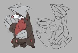 anus erection eulipotyphlan excadrill feral foreskin generation_5_pokemon genitals hi_res humanoid_genitalia humanoid_penis looking_at_viewer male mammal markings model_sheet mole_(animal) musclegut muscular nintendo nipples penis pokemon pokemon_(species) presenting presenting_anus presenting_balls presenting_penis red_markings smug solo spread_legs spreading undercover_bluejay