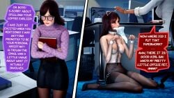 3d 3d_(artwork) before_and_after bondage cat_ears chains collar cuff_(restraint) cuffs d.va dialogue female female_only femsub heels leash leash_and_collar lipstick mercierharrogate office office_clothing office_lady overwatch pantyhose petite_female petplay petting shy sitting sitting_on_floor skirt small_breasts submissive submissive_female thin_waist transformation