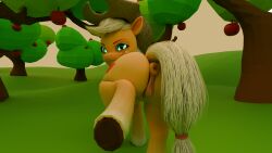 16:9 3d absurd_res anus applejack_(mlp) blonde_hair clothing cutie_mark earth_pony equid equine female feral friendship_is_magic genitals green_eyes hair hasbro headgear headwear hi_res horse kick mammal my_little_pony mythological_creature mythological_equine mythology pony puffy_anus pussy simple_background solo swoomy widescreen