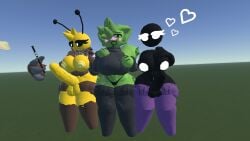 2futas1girl bee big_butt big_penis black_body breasts fur green_fur heart_symbol phone rec_room thighhighs