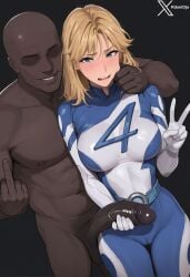 1boy 1girls ai_generated bare_arms bare_legs bare_shoulders bare_thighs bastard big_breasts big_penis blonde_hair blue_eyes blush color dark-skinned_male dark_skin female hand_on_penis hi_res interracial invisible_woman invisible_woman_(marvel_rivals) large_breasts light-skinned_female light_skin long_hair looking_at_viewer male male/female marvel marvel_rivals middle_finger minority muscles muscular muscular_male netorare ntr sue_storm thick_thighs ugly_bastard ugly_man