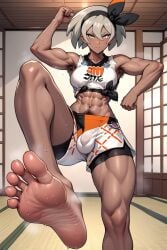 abs ai_generated armpit_hair bea_(pokemon) bulge feet futanari grey_hair happy_trail knee_up muscular muscular_female pokemon soles sweaty toned toned_female