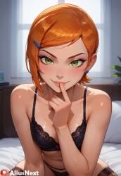 1girls ai_generated aliusnext ben_10 ben_10_(classic) black_lingerie female fishnet_legwear green_eyes gwen_tennyson high_quality high_resolution highres lingerie orange_hair patreon short_hair sweat teenage_girl teenager thong