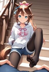 ai_generated black_pantyhose femdom foot_fetish foot_focus footwear hands_in_pockets laugh look_at_viewer looking_at_viewer pov sitting smile smiling_at_viewer taker_pov tokai_teio_(umamusume) umamusume