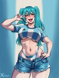 1girls argentina argentine_flag argentinian_flag_bikini argentinian_miku asian_latina big_breasts bikini blue_eyes blue_hair blush blushing clothed clothing hairy_pussy hand_on_hip hatsune_miku jean_shorts latin_american_hatsune_miku_(meme) latina light-skinned_female light_skin looking_at_viewer minishorts no_bra open_mouth painted_nails peace_sign posing pubic_hair pubic_hair_peek rag3s simple_background solo solo_focus standing striped_bikini striped_panties thick_thighs thong tongue tongue_out twintails underboob vocaloid wide_hips