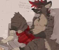 absurd_res anthro big_bulge bodily_fluids boxers_(clothing) boxers_only brown_body brown_fur bulge clothed clothing controller detailed_bulge ear_piercing ear_ring eye_scar facial_scar food footwear fur gaming genital_outline grin hair hand_in_underwear hi_res holding_controller holding_object hyena male male_only mammal mostly_nude nick7005 penis_outline piercing pizza red_hair ring_piercing scar shirtless_anthro shirtless_male smile socks solo sweat text topless underwear underwear_only