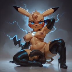 ai_generated anthro balls breasts elbow_gloves electricity foreskin futanari high_heel_boots latex leaking_precum penis pikachu pokemon shortstack solo thighhighs