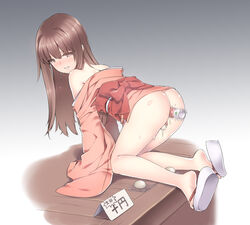 all_fours ass blush bottomless brown_eyes brown_hair clog_sandals egg female gradient gradient_background japanese_clothes kimono kuro_(kuronell) long_hair looking_back obi off_shoulder original parted_lips simple_background sleeves_past_wrists solo translated vibrator wide_sleeves wooden_floor yukata