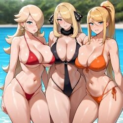 3girls ai_generated aiartf4 bikini blonde_hair cynthia_(pokemon) huge_breasts mario_(series) metroid pokemon princess_rosalina samus_aran