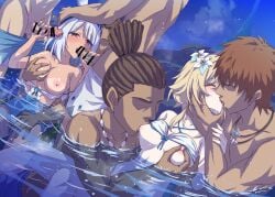 2girls 4boys 5boys bare_shoulders bikini blonde_hair blue_hair blue_one-piece_swimsuit blush body_markings braid breast_sucking breasts censored closed_eyes double_handjob erection feather_hair_ornament feathers fellatio flower genshin_impact grabbing_another's_breast groping group_sex hair_flower hair_ornament hairband handjob kissing large_breasts light_blue_hair long_hair low_twin_braids lumine_(genshin_impact) lumine_(hot_springs)_(genshin_impact) marugoshi_(54burger) medium_breasts medium_hair mixed-sex_bathing mualani_(genshin_impact) mualani_(hot_springs)_(genshin_impact) multiple_boys multiple_girls nipple_stimulation nipple_tweak nipples one-piece_swimsuit onsen open_mouth oral orgy penis ponytail red_eyes shared_bathing short_hair sidelocks straight swimsuit tan thighs twin_braids two-tone_swimsuit water white_bikini white_hair white_one-piece_swimsuit