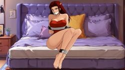 ai_generated barefoot bedroom gag gagged glare glaring long_brown_hair manga manga_style marvel marvel_comics red_leotard scarlet_witch wanda_maximoff webart20